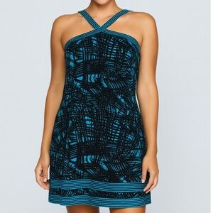 BCBG Maxazria Mini Dress abstract black & teal slinky stretch strappy SZ XS